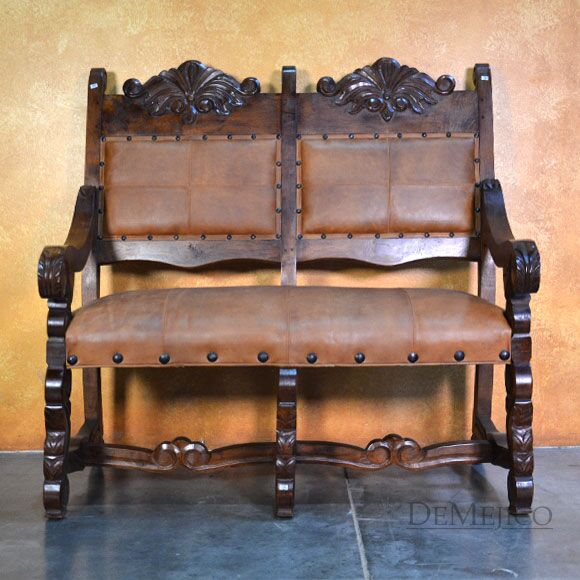Hoja Spanish Bench, Carved Bench, Spanish Upholstered Bench