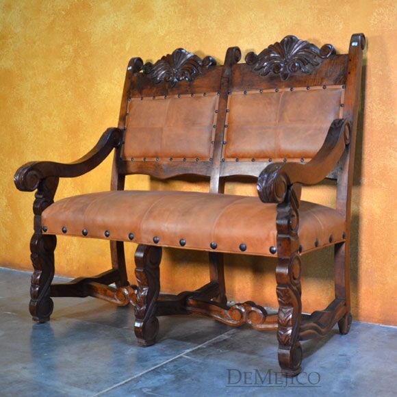 Hoja Spanish Bench, Carved Bench, Spanish Upholstered Bench