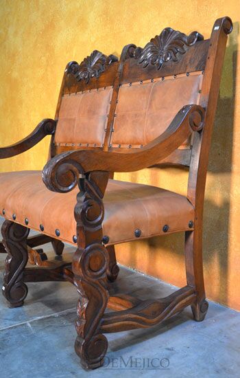 Hoja Spanish Bench, Carved Bench, Spanish Upholstered Bench