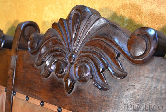Hoja Spanish Bench, Carved Bench, Spanish Upholstered Bench