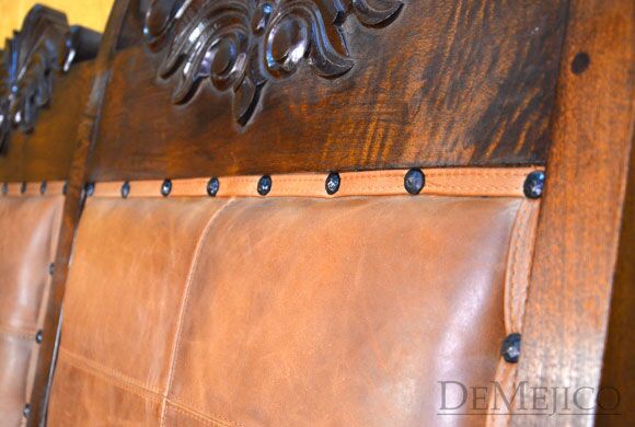 Hoja Spanish Bench, Carved Bench, Spanish Upholstered Bench
