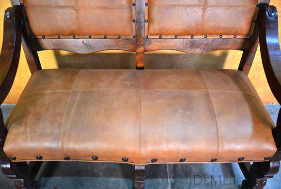 Hoja Spanish Bench, Carved Bench, Spanish Upholstered Bench