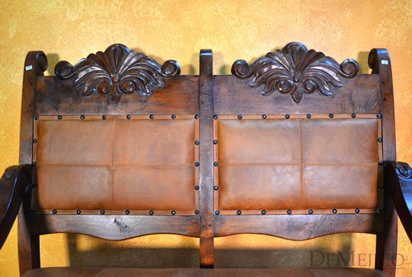 Hoja Spanish Bench, Carved Bench, Spanish Upholstered Bench