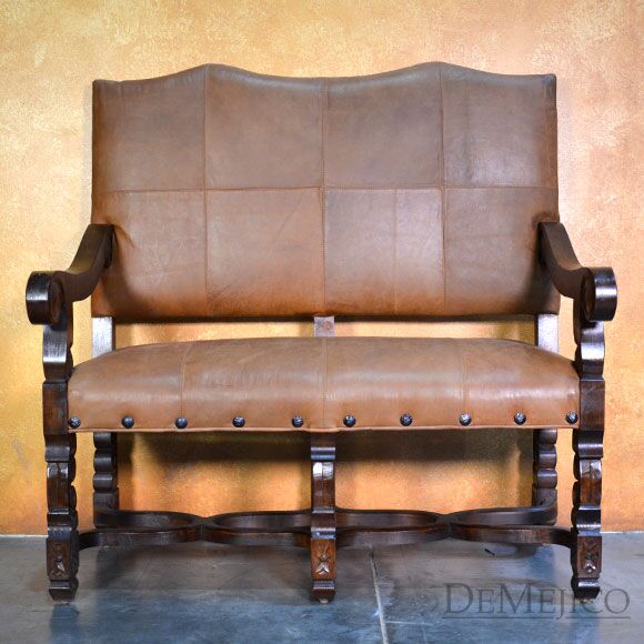 Cristy Spanish Bench, Carved Bench, Spanish Upholstered Bench