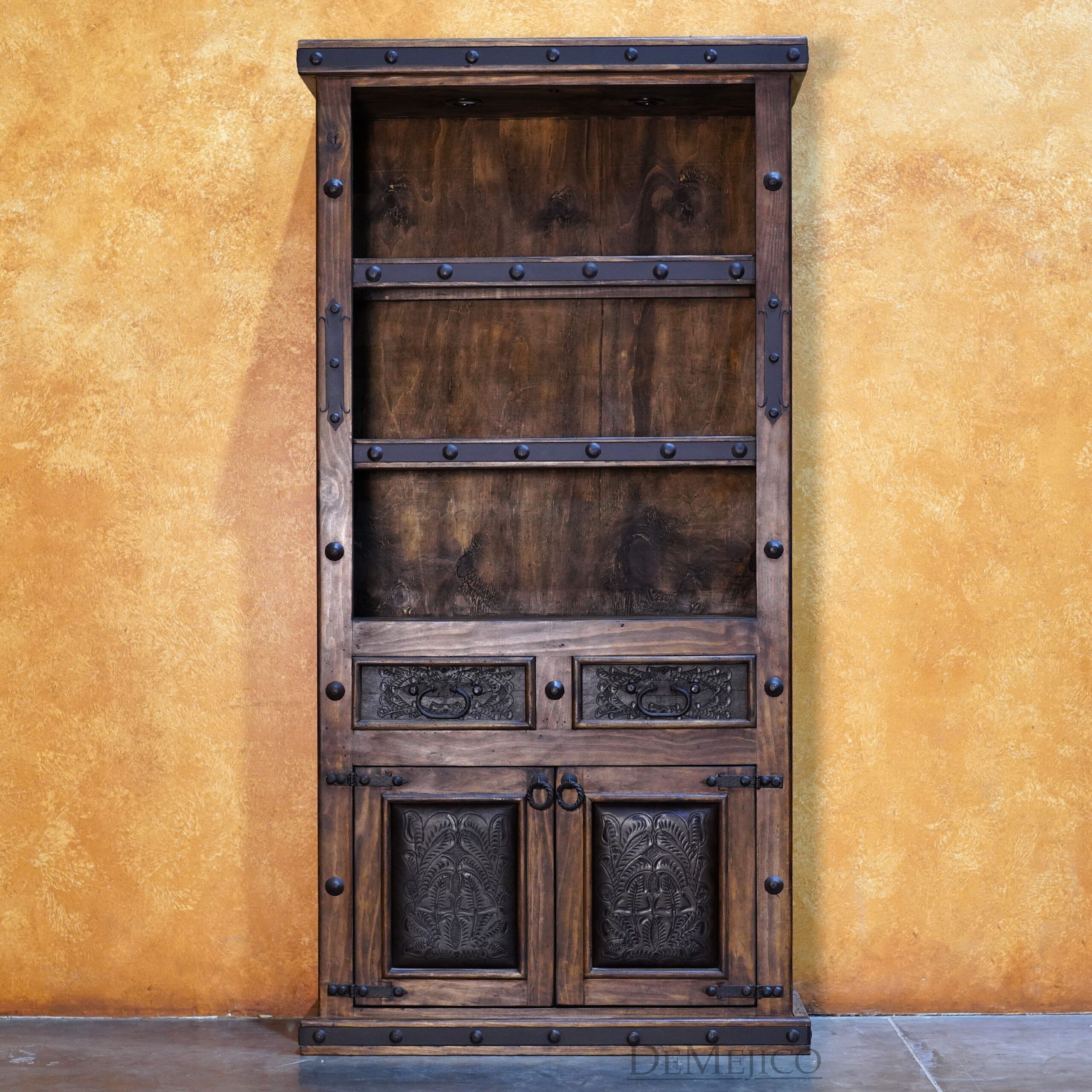 Cincel Illuminated Bookcase, Tooled Leather Bookcase, Spanish Bookcase
