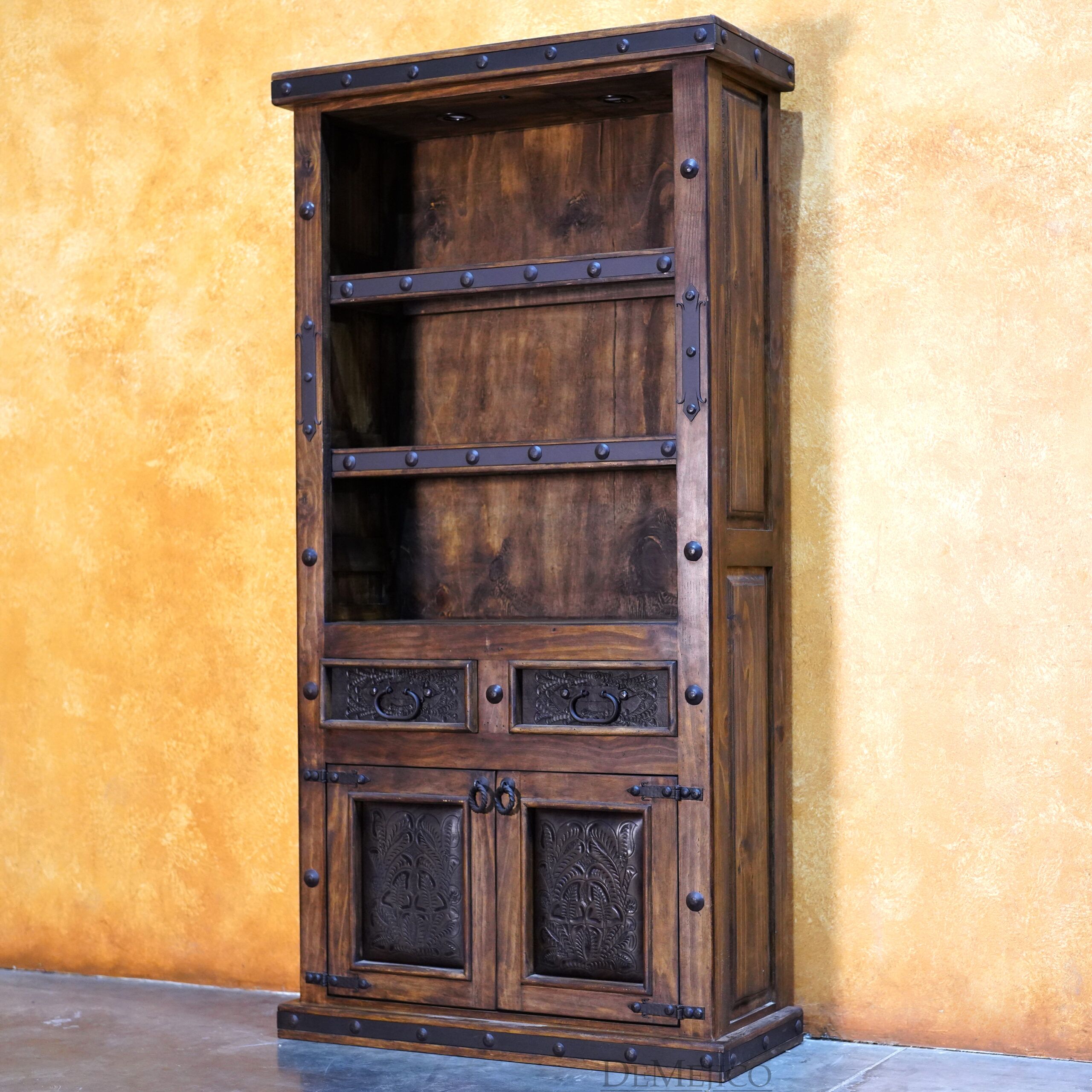 Cincel Illuminated Bookcase, Tooled Leather Bookcase, Spanish Bookcase
