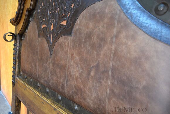 Old Wood Alamo Cincel Bed, Mediterranean Bed, Tooled Leather Bed