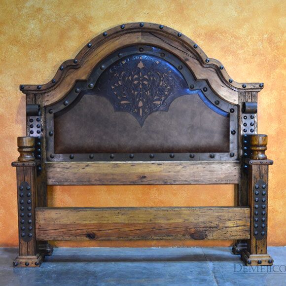 Old Wood Alamo Cincel Bed, Mediterranean Bed, Tooled Leather Bed