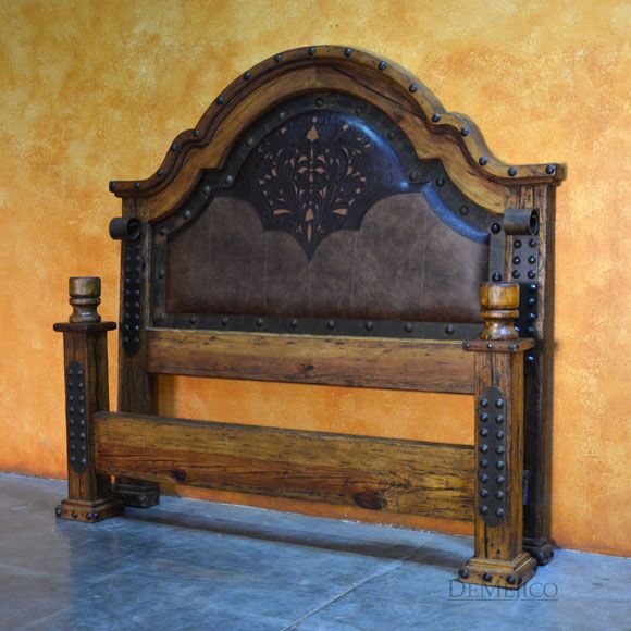 Old Wood Alamo Cincel Bed, Mediterranean Bed, Tooled Leather Bed
