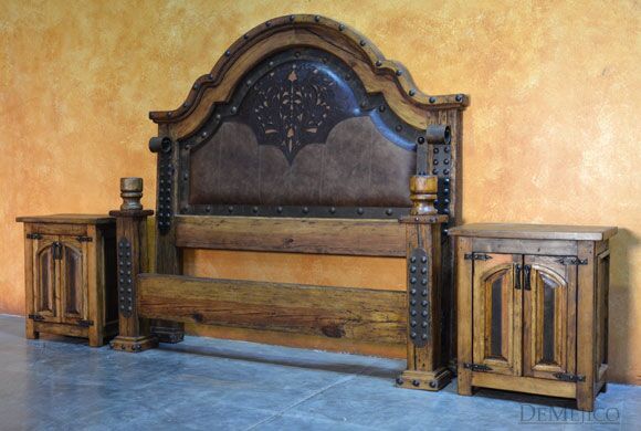 Old Wood Alamo Cincel Bed, Mediterranean Bed, Tooled Leather Bed
