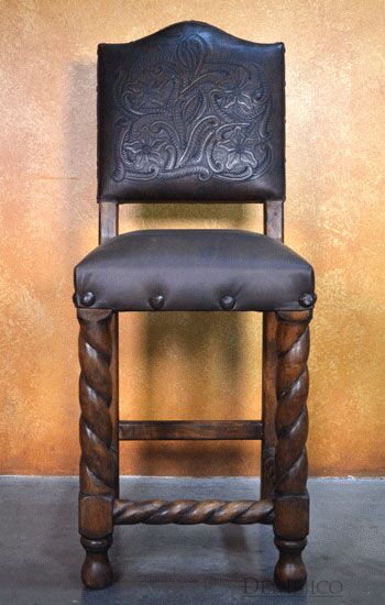 Tooled Chapital Hand Carved Spanish Barstool, Spanish Revival Barstools