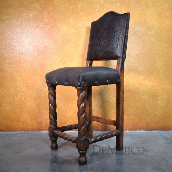 Tooled Chapital Hand Carved Spanish Barstool, Spanish Revival Barstools