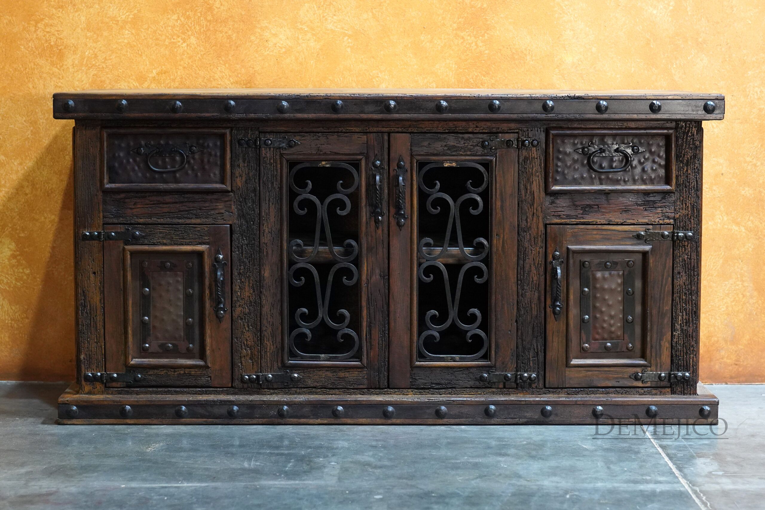 Small Forged Antigua Wrought Iron Buffet Hutch, Rustic Buffet Table