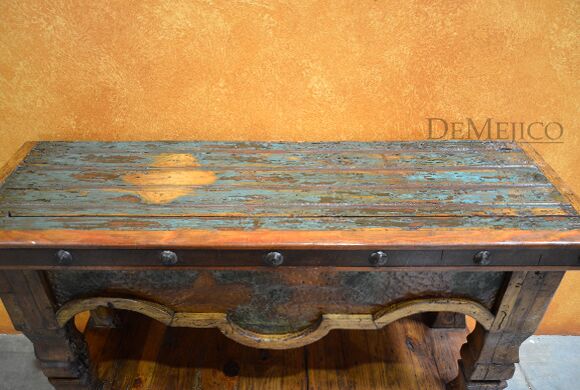 Hacienda Copper Console Table, Rustic Console Table, Old Door Console Table