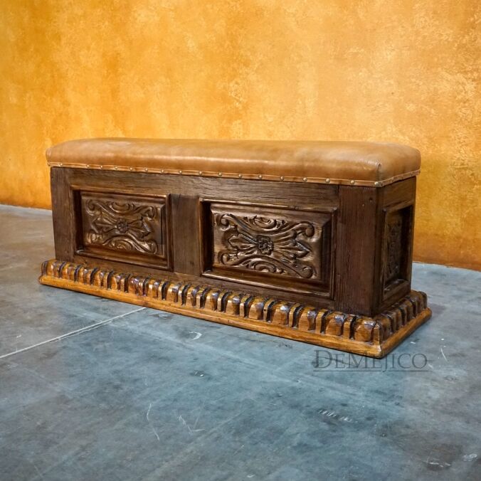 Old Wood Luis Quince Leather Backless Bench, Spanish Carved Bench, Foyer Bench