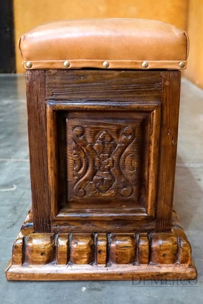 Old Wood Luis Quince Leather Backless Bench, Spanish Carved Bench, Foyer Bench