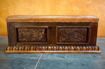 Old Wood Luis Quince Leather Backless Bench, Spanish Carved Bench, Foyer Bench