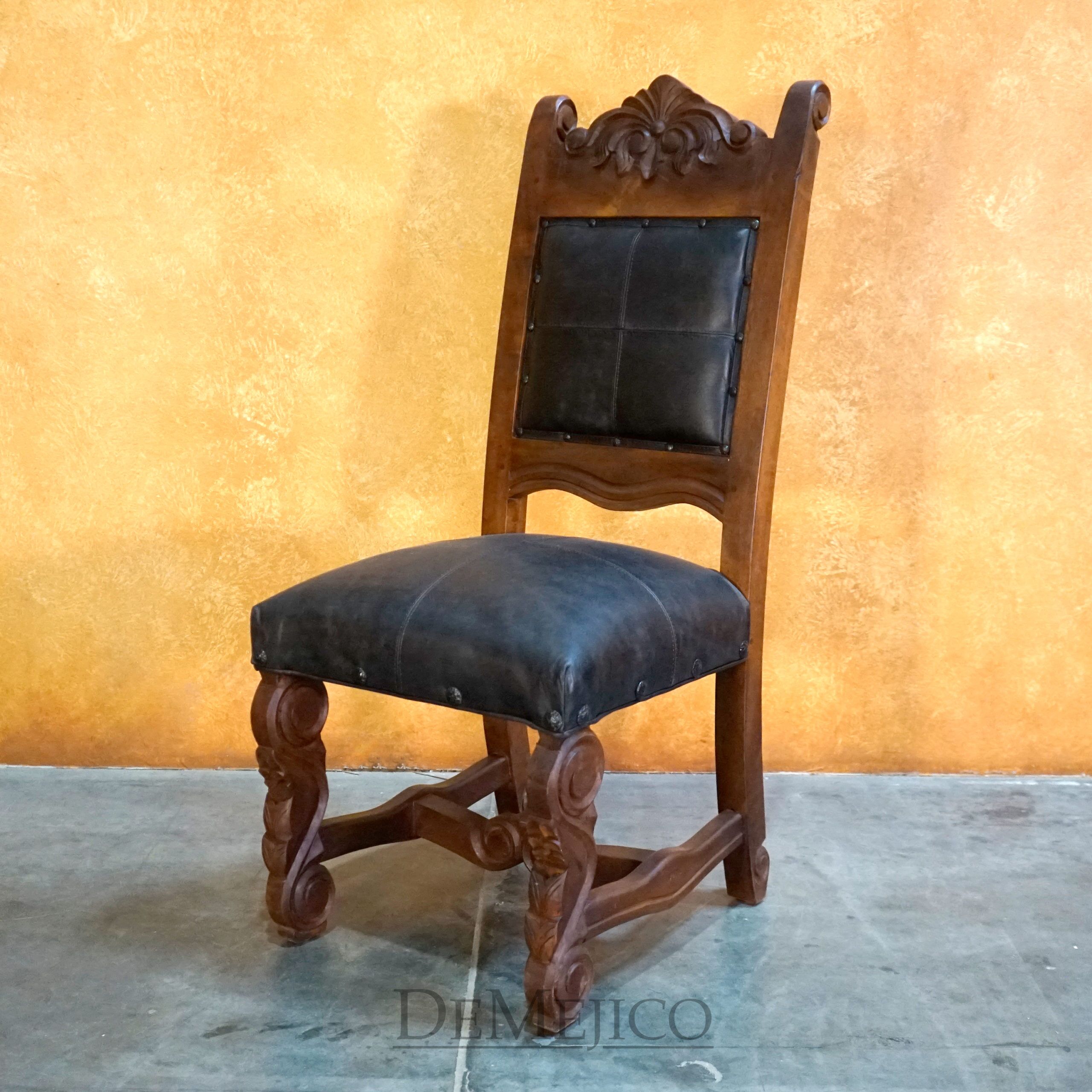 Stitched Silla Hoja, Spanish Carved Dining Chair