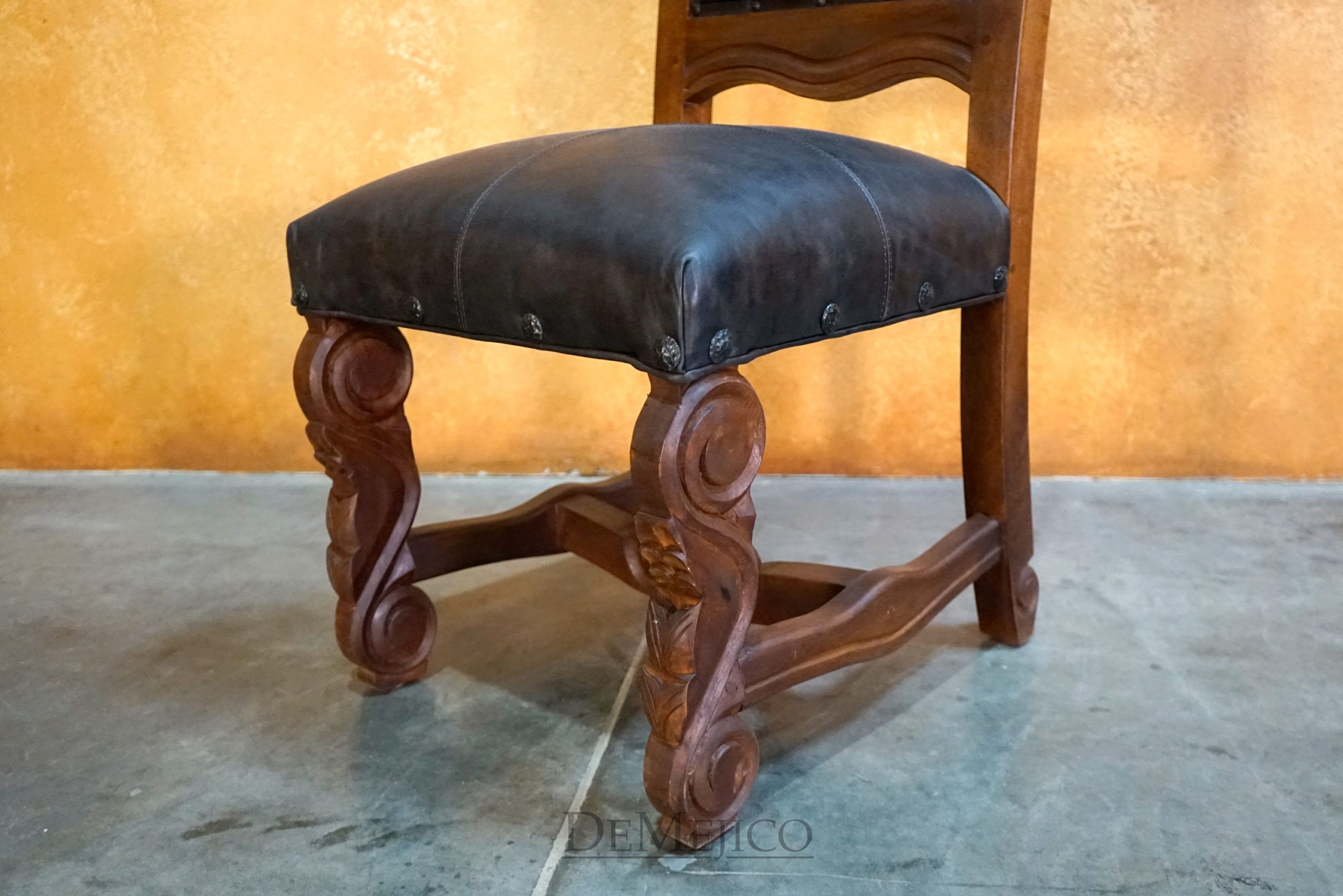 Stitched Silla Hoja, Spanish Carved Dining Chair