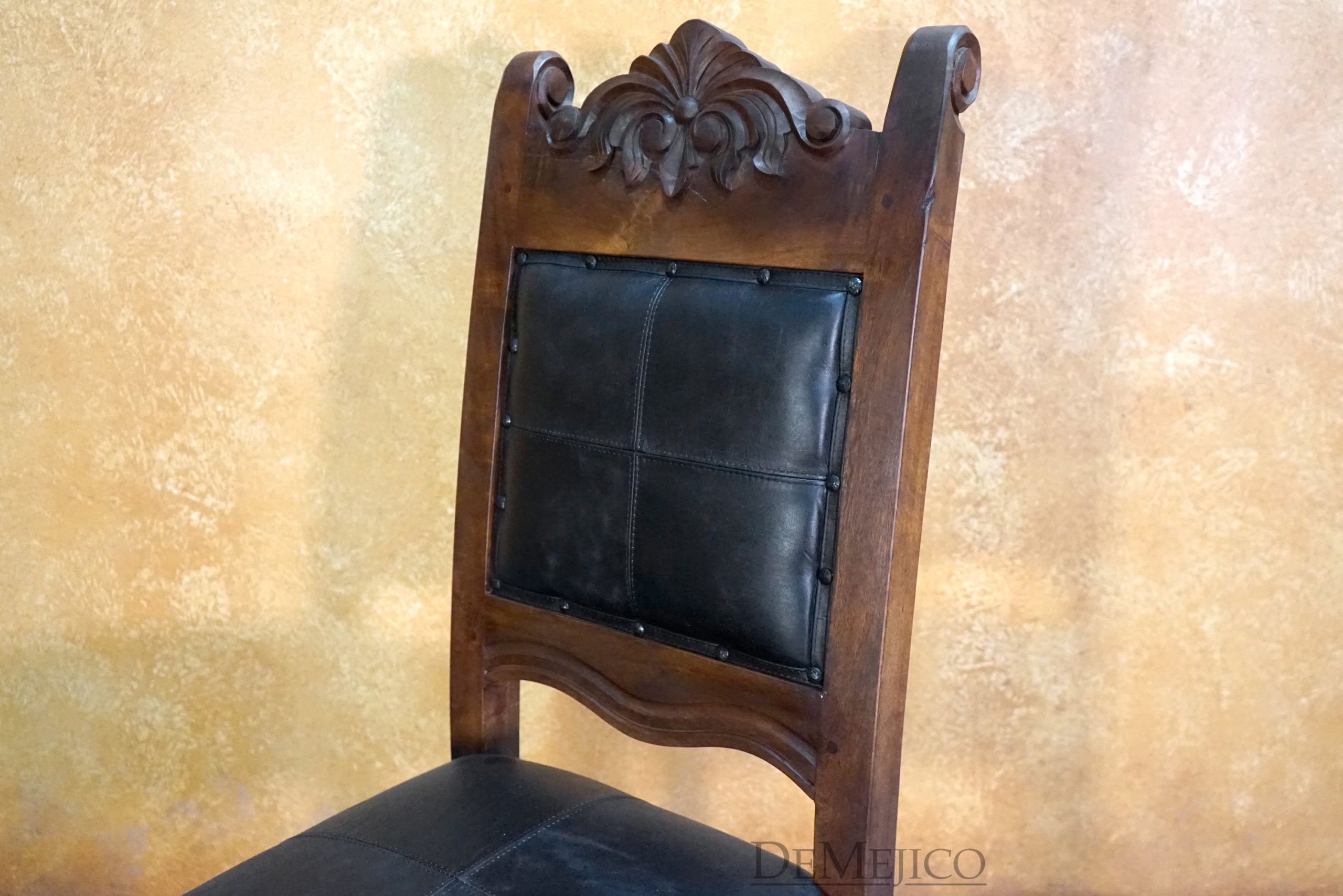 Stitched Silla Hoja, Spanish Carved Dining Chair