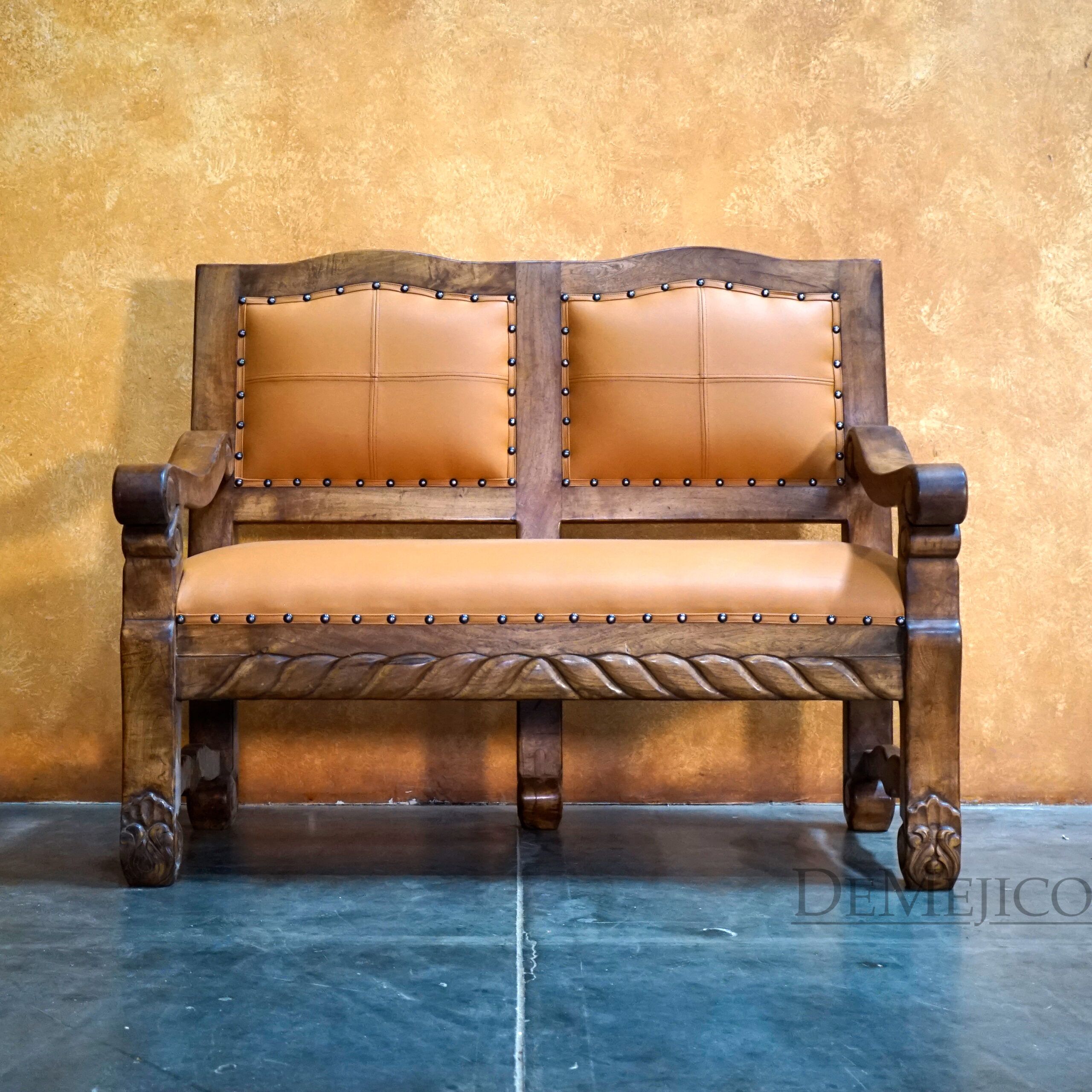 Banca Hacienda Loveseat, Spanish Leather Bench, Spanish Style Seating