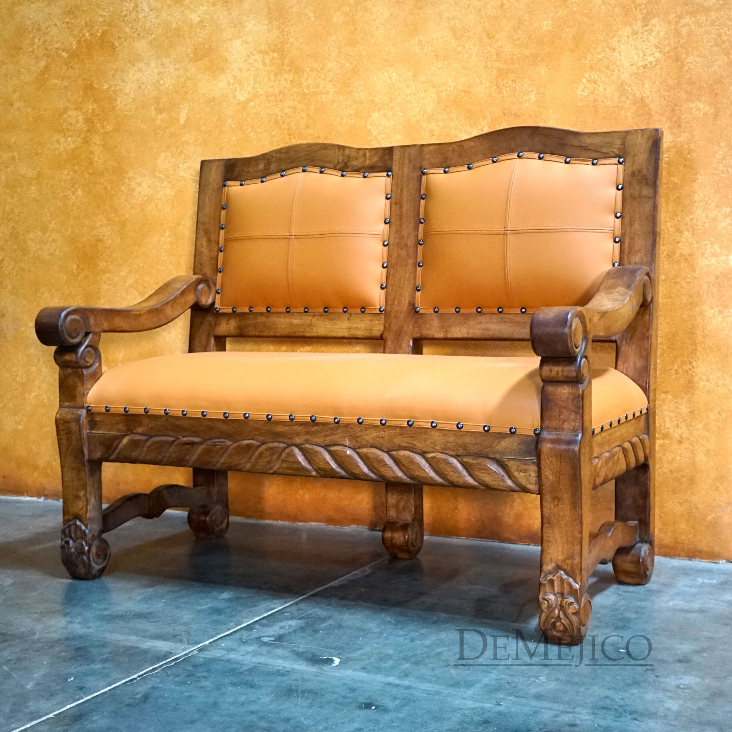 Banca Hacienda Loveseat, Spanish Leather Bench, Spanish Style Seating