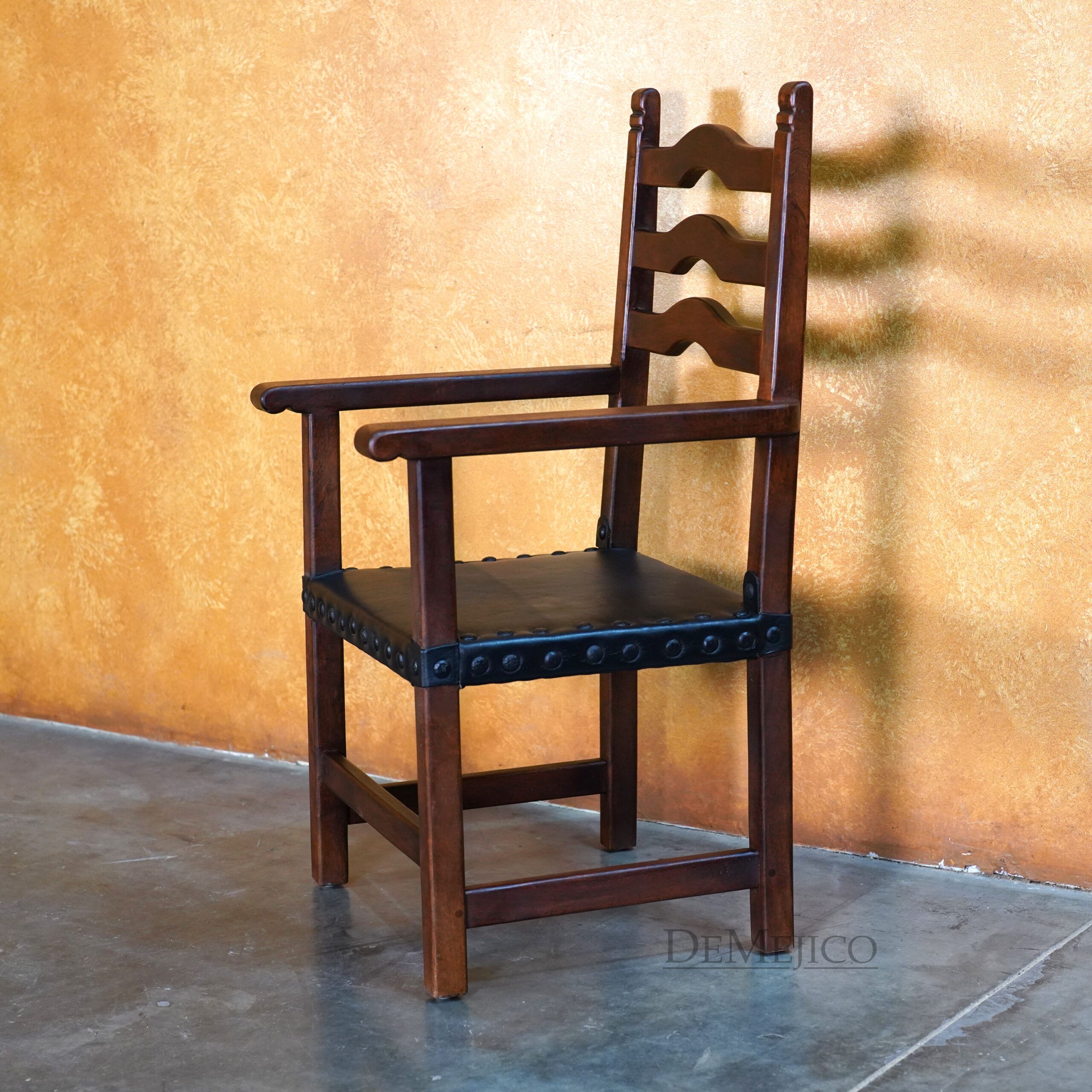 Silla Teco Leather with Amrs, Spanish Wood Ladder Chair - Demejico