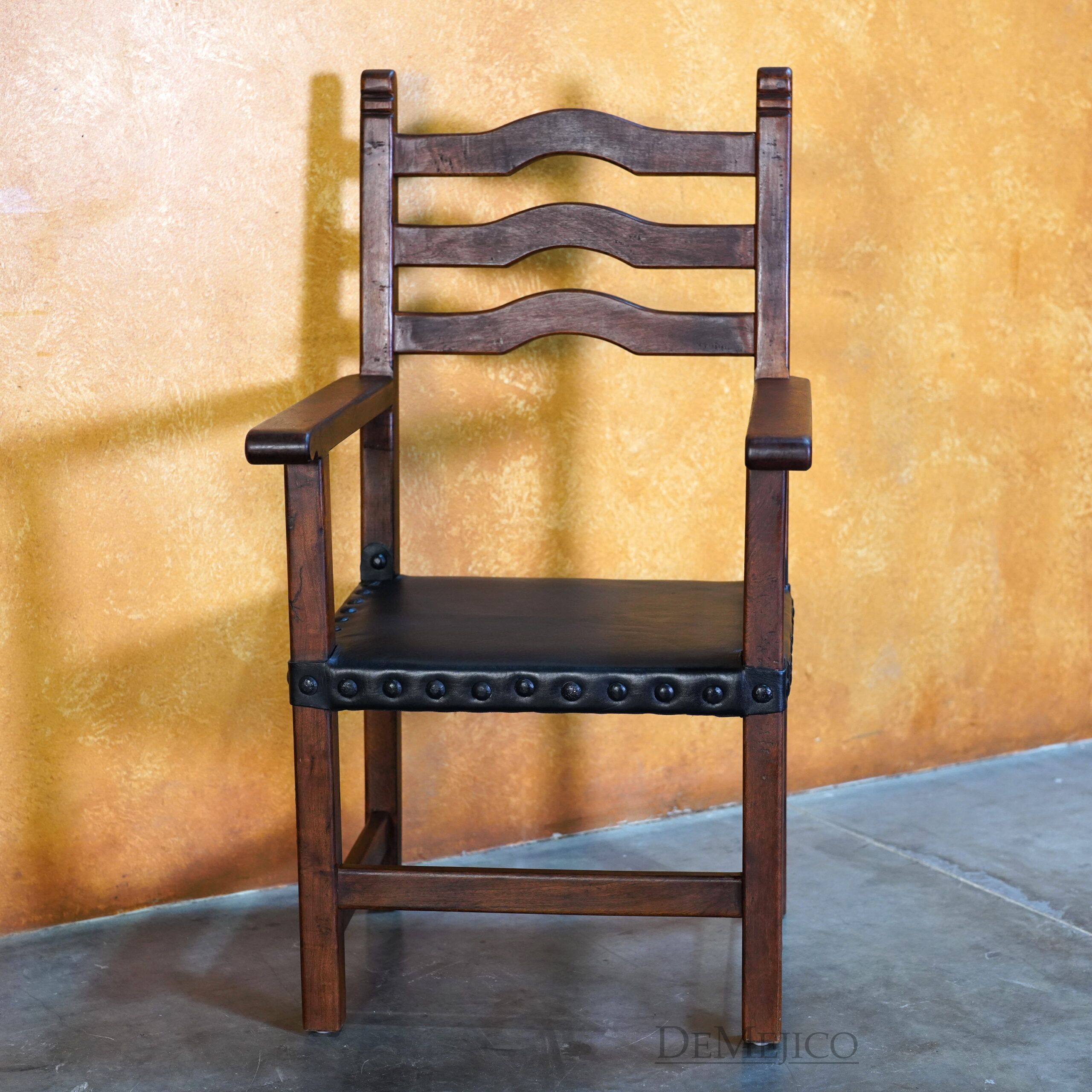 Silla Teco Leather with Amrs, Spanish Wood Ladder Chair - Demejico