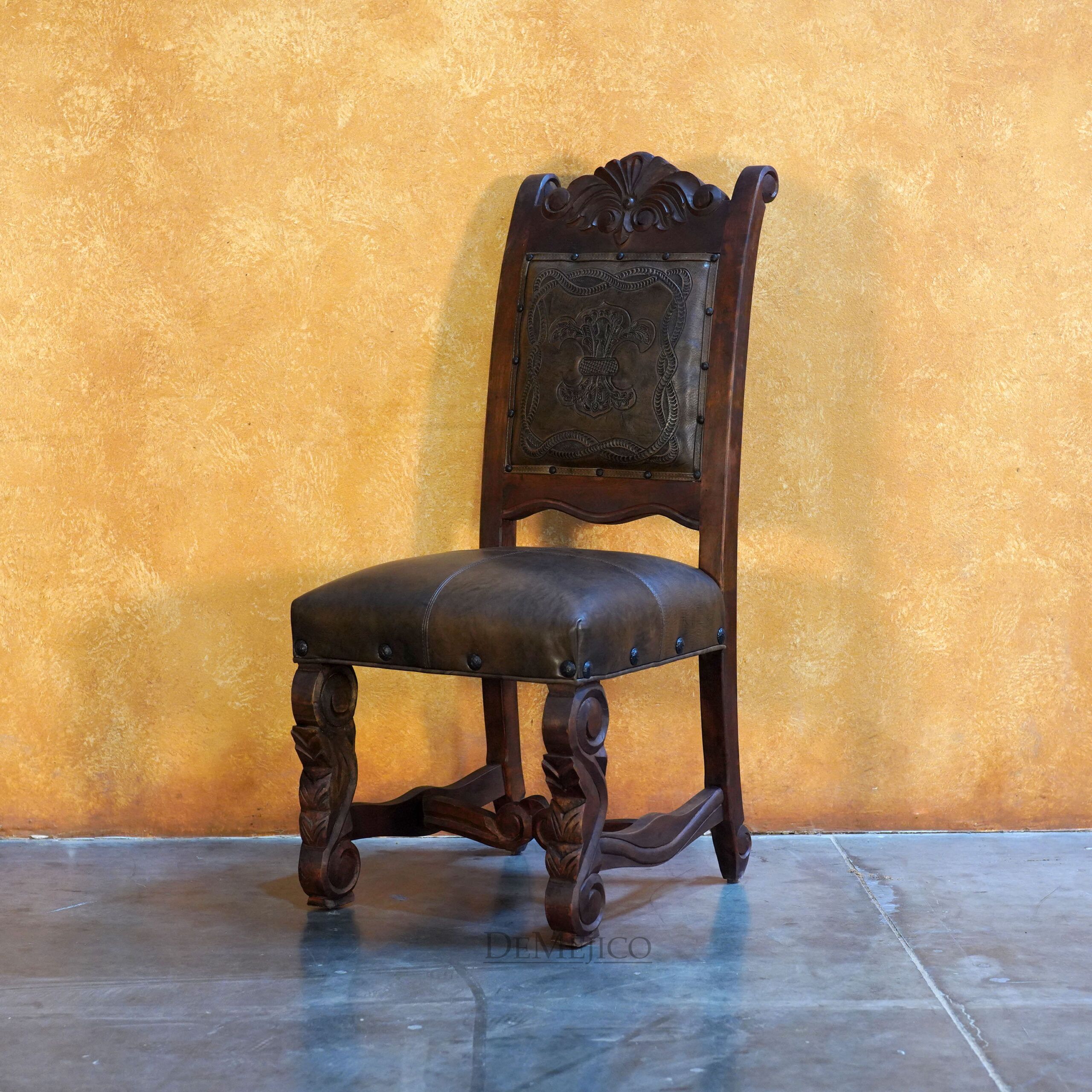 Hoja Carved Chair, Tooled Leather Chair - Demejico