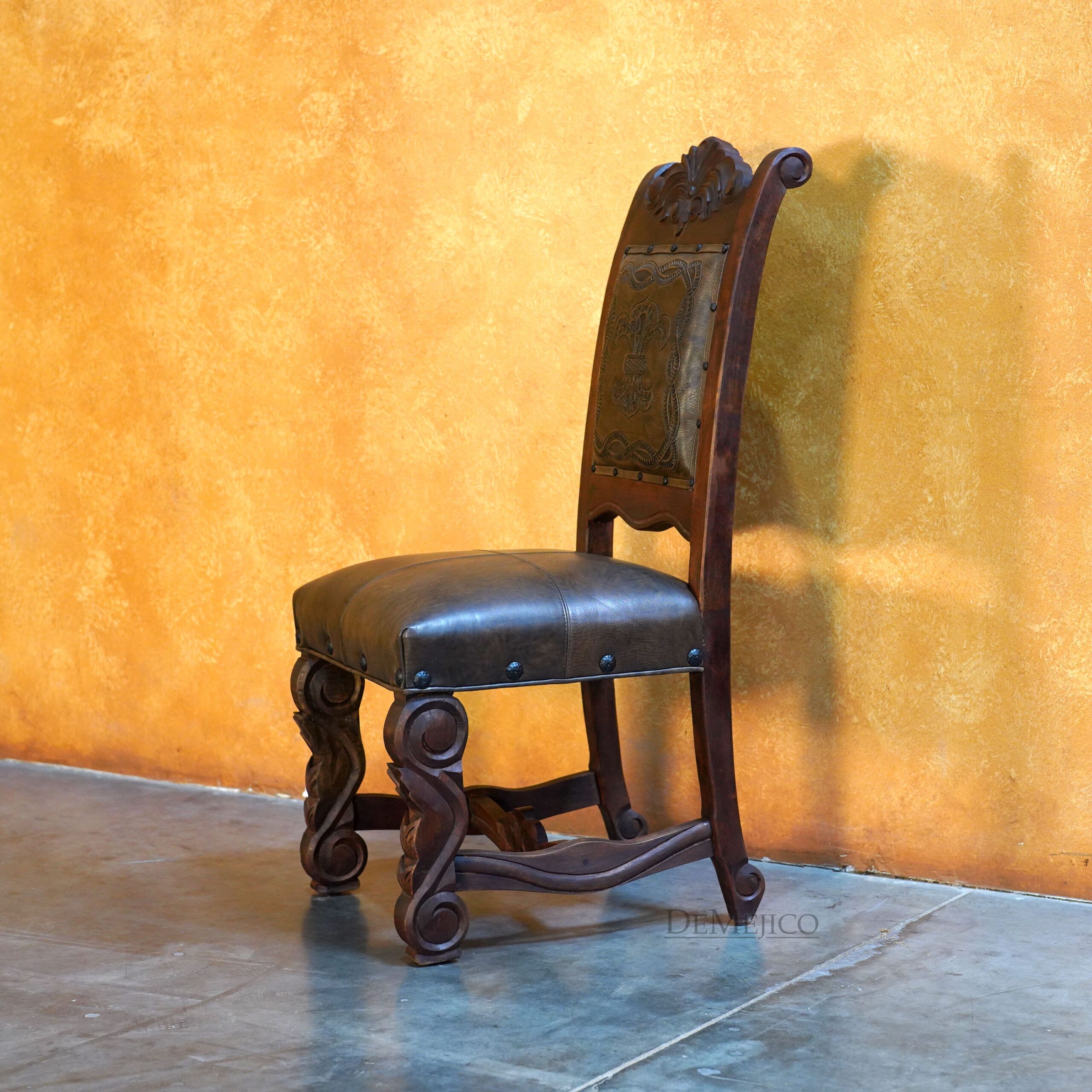 Hoja Carved Chair, Tooled Leather Chair - Demejico