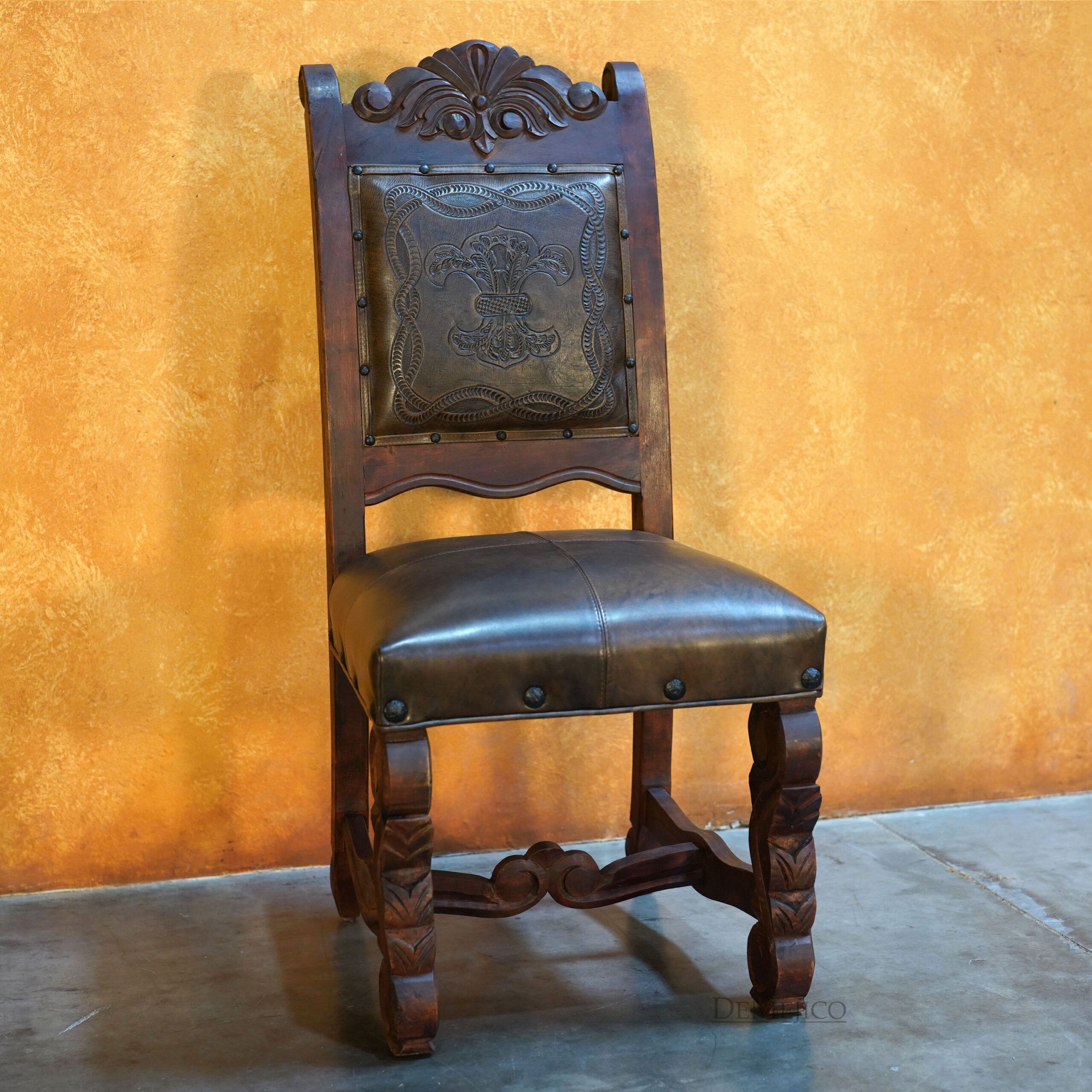 Hoja Carved Chair, Tooled Leather Chair - Demejico