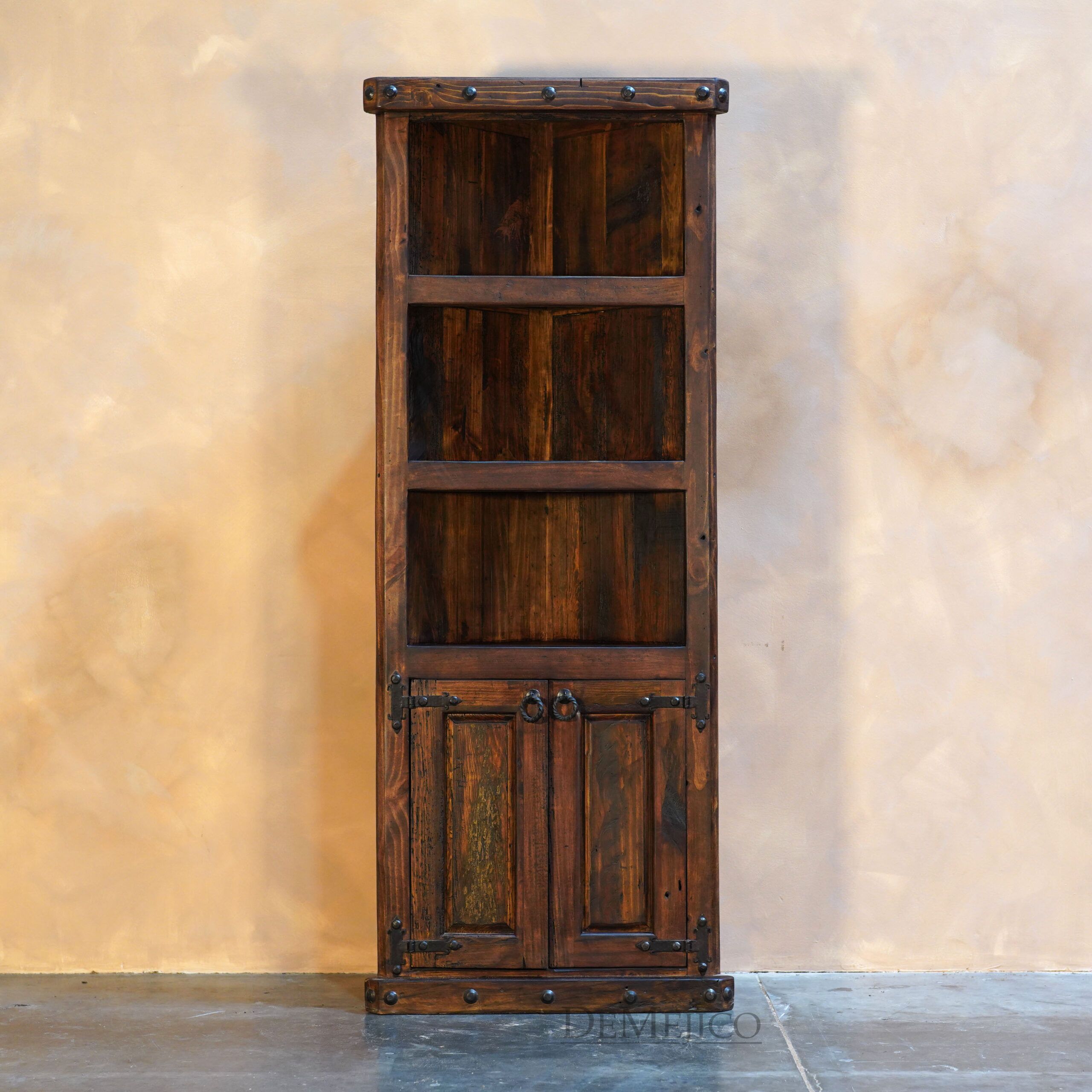 Alamo Corner Bookcase with Doors, Old Wood Bookcase - Demejico