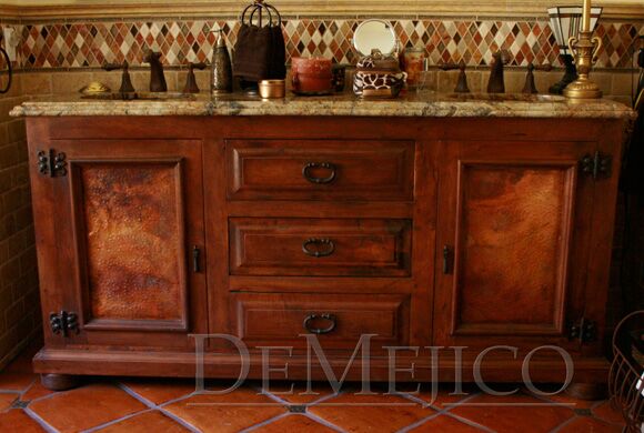 Hacienda design vanity made from mesquite wood with copper paneling - By Demejico