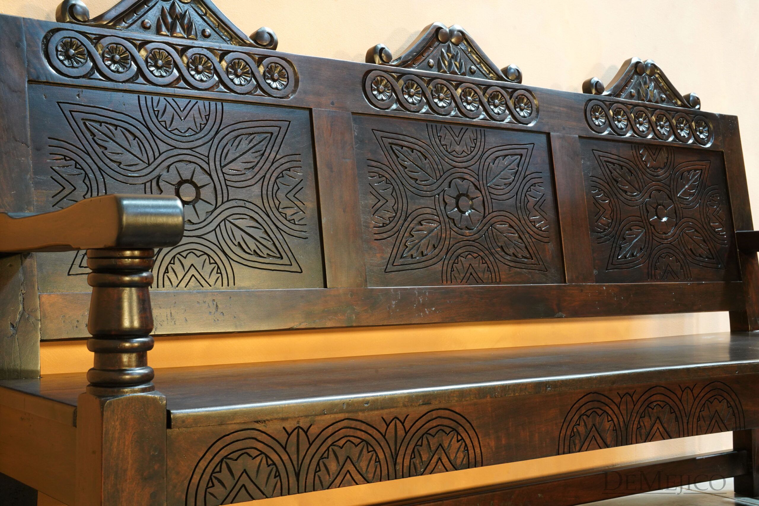 Banca Guadalupe, Spanish Bench, Spanish Colonial Chairs, Outdoor Bench, Hand Carved Bench