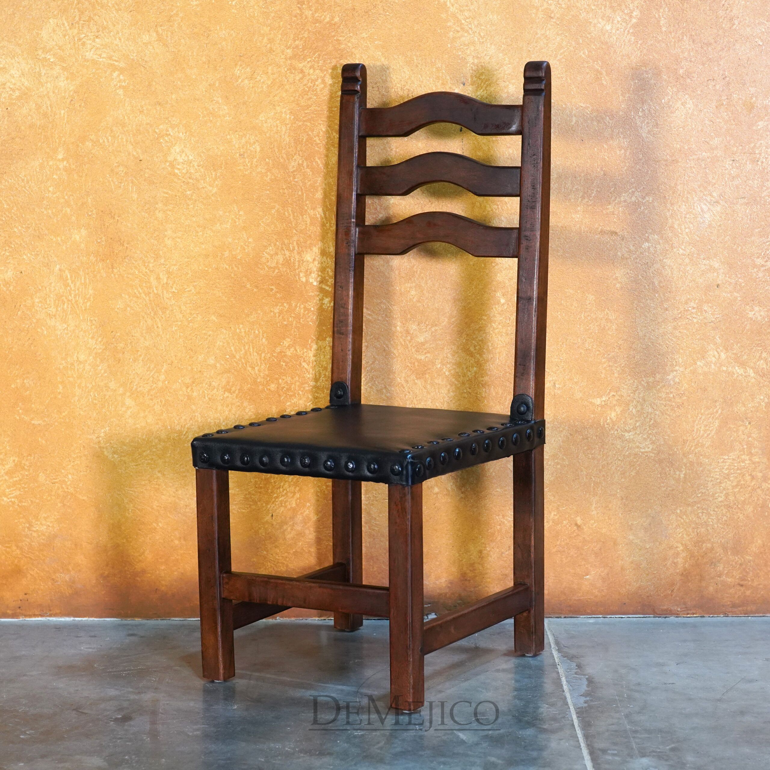 Silla Teco with Leather, Spanish Wood Ladder Chair - Demejico