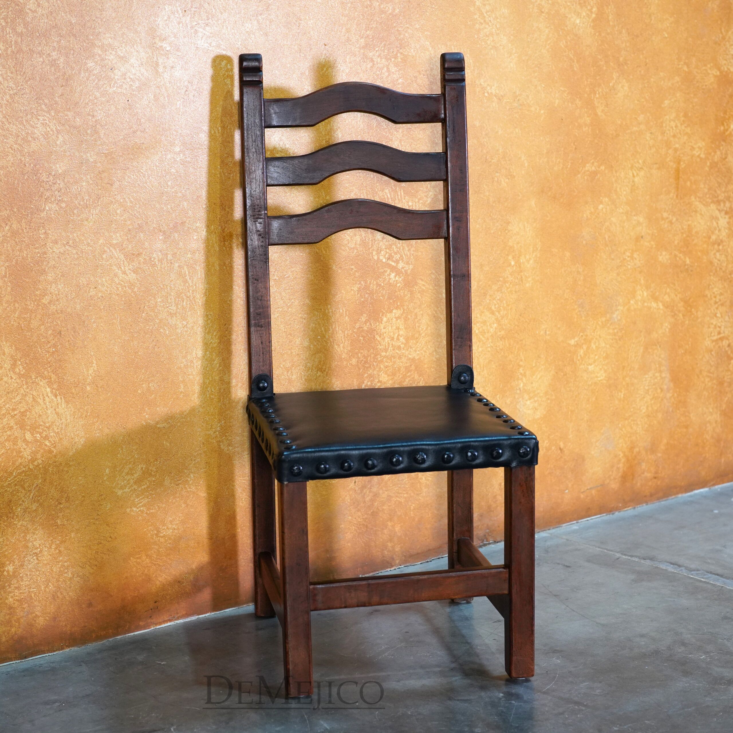 Silla Teco with Leather, Spanish Wood Ladder Chair - Demejico