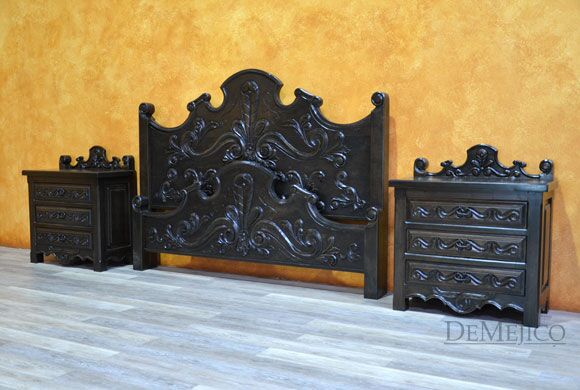 Dark Conquista Bed, Spanish Colonial Bed, Hand Carved Bed