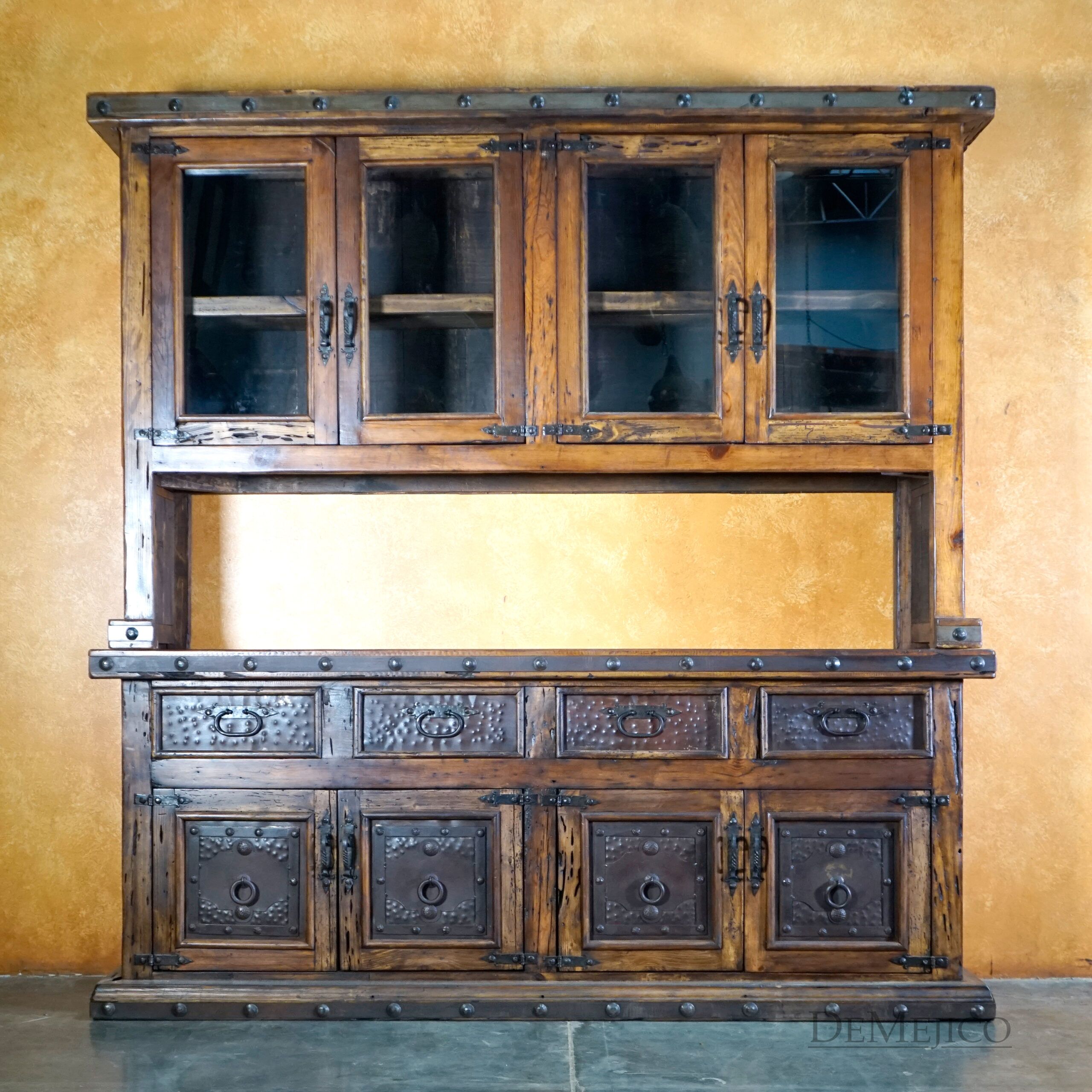 Antigua Hutch with Glass, Rustic Hutch, Rustic Spanish Style - Demejico