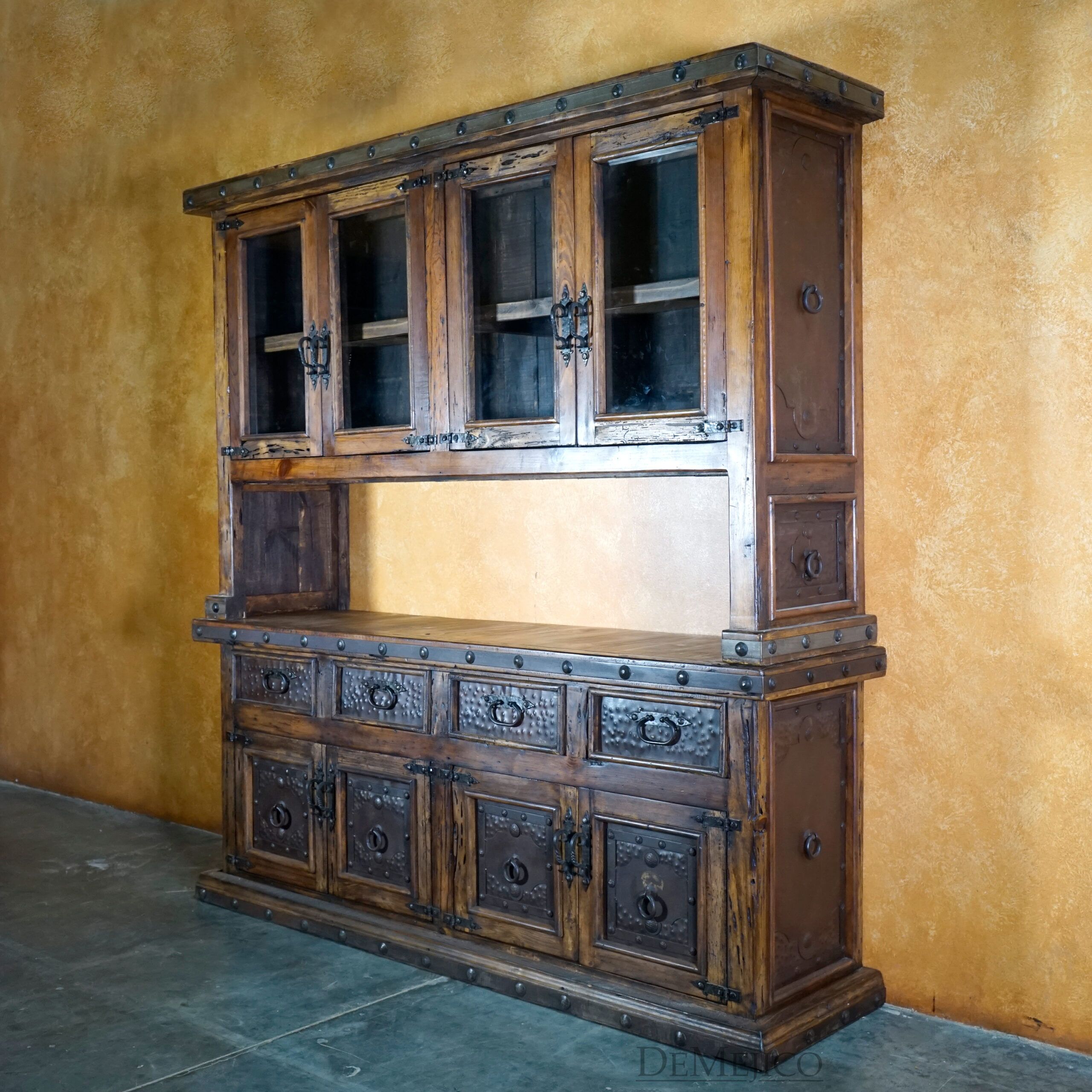 Antigua Hutch with Glass, Rustic Hutch, Rustic Spanish Style - Demejico