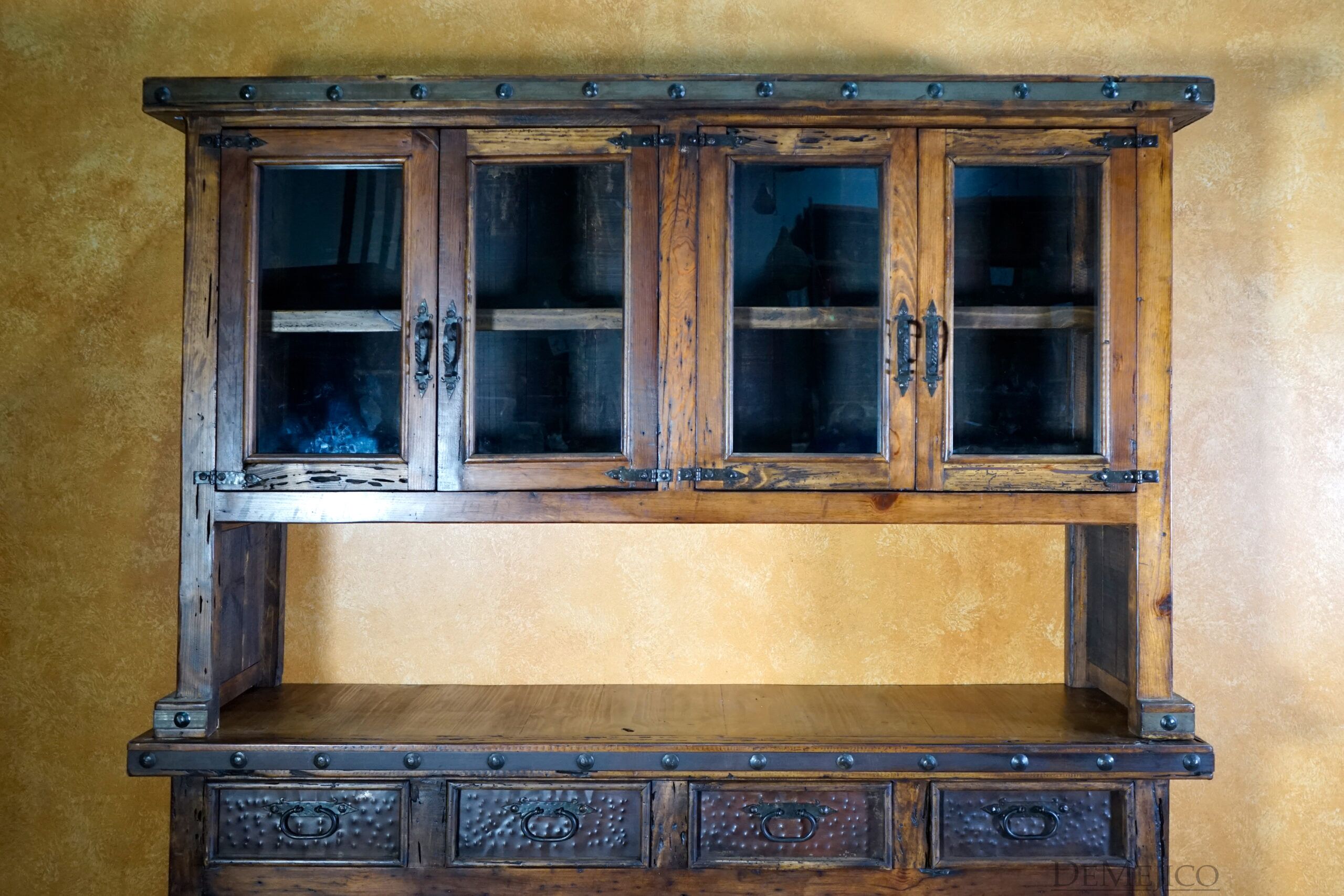 Antigua Hutch with Glass, Rustic Hutch, Rustic Spanish Style - Demejico
