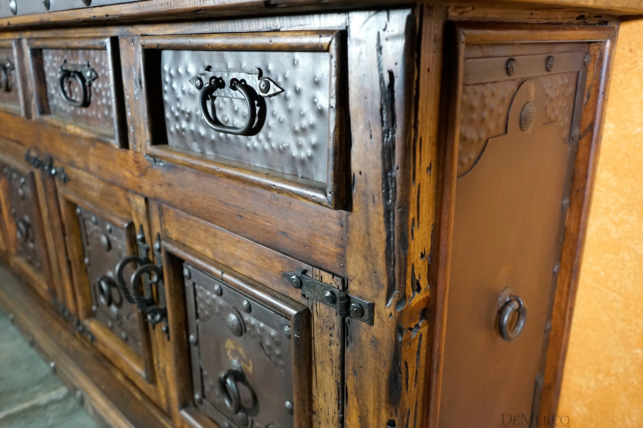 Antigua Hutch with Glass, Rustic Hutch, Rustic Spanish Style - Demejico